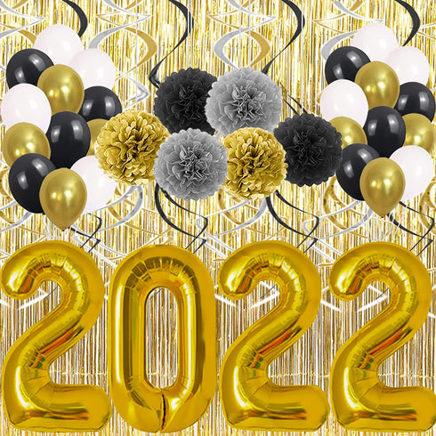 Graduation 2022 Party Supplies Black, Gold Happy Large Balloons Decorations Photo Backdrop and New Years Decor Accessories Kit Golden Fringe Curtain Glitter Banner with Pompoms Ornament Senior College