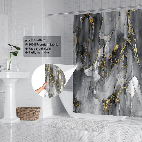 DOMOKU Marble Shower Curtain Black Grey Gold Luxurious Golden Cracked Lines Abstract Pattern Texture Modern Marble Shower Curtain Painting with 12Hooks 72x72Inch