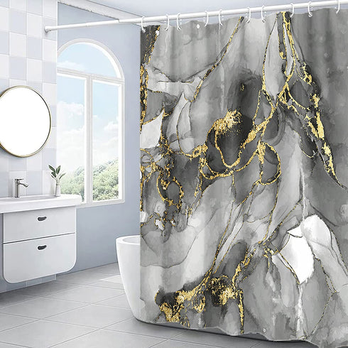 DOMOKU Marble Shower Curtain Black Grey Gold Luxurious Golden Cracked Lines Abstract Pattern Texture Modern Marble Shower Curtain Painting with 12Hooks 72x72Inch