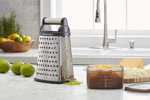 KitchenAid Gourmet 4-Sided Stainless Steel Box Grater with Detachable Storage Container, 10 inches tall, Black