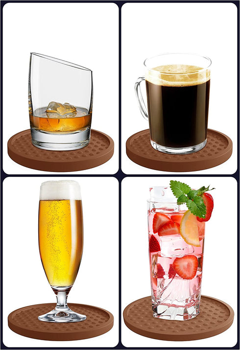 Large Drink Coasters - Absorbs Moisture and Prevents Table Damage, Modern Brown Rubber Coaster with Non-Slip Bottom for Drinking Glasses, 6 Pack
