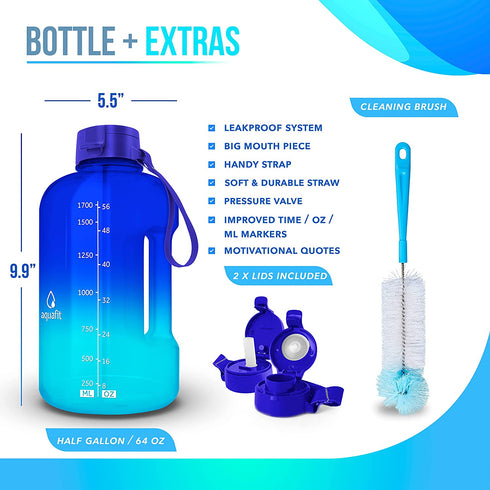 AQUAFIT Half Gallon Water Bottle with Straw Half Gallon Water Jug Motivational Water Bottle 64 Ounce Large Water Bottle Big Water Bottle 1/2 Gallon Water Jug Big Water Jug Dark Blue -Light Blue Fade