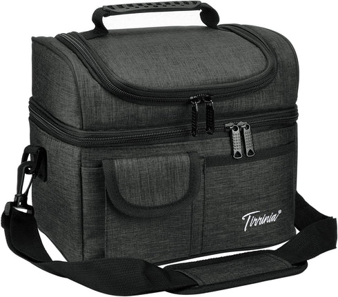 Tirrinia Insulated Lunch Bag, Leakproof Thermal Bento Cooler Tote for Women and Men, Dual Compartment with Shoulder Strap, 10.3" x 7.5" x 8.6", Black