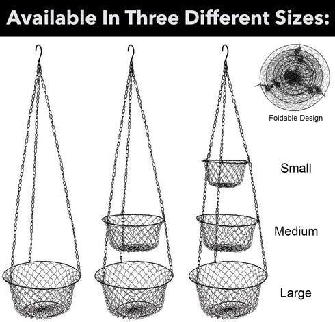 MALMO 3-Tier Wire Fruit Hanging Basket, Vegetable Kitchen Storage Basket, Iron Wire Black