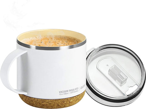 Asobu Infinite Stainless Steel Insulated Coffee Mug with Inner Ceramic Coating and Cork Coaster 16 Ounce (White)