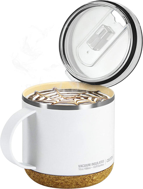 Asobu Infinite Stainless Steel Insulated Coffee Mug with Inner Ceramic Coating and Cork Coaster 16 Ounce (White)
