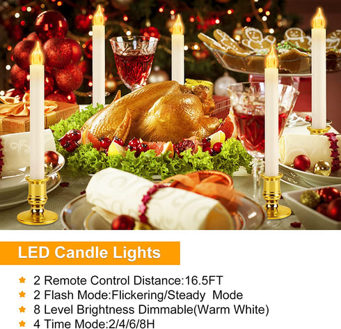LVJING Window Candle Lights - Set of 6 Flameless Taper Candles with Gold Bases, Battery Operated, Timer Setting, 2 Remote Control, Christmas Valentine's Day Festival Decorations