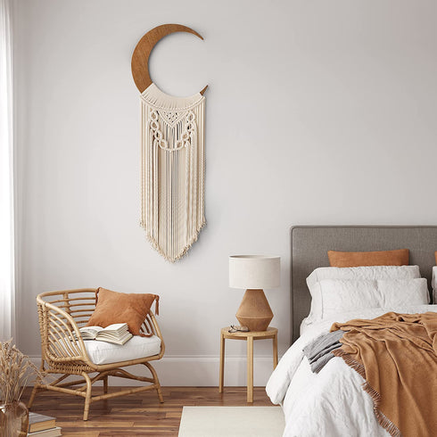 Wooden Crescent Moon Macrame Wall Hanging | Dream Catcher, Moon Tapestry | Boho Decor for Living Room | Boho Wall Decor, Indie Room Decor | Boho Chic Bedroom Décor