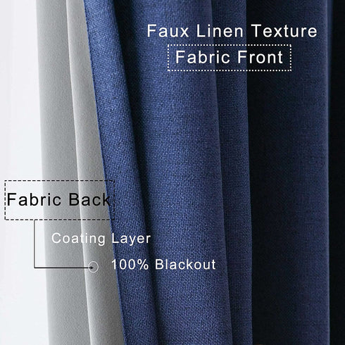 CUCRAF Full Blackout Curtains for Bedroom,100% Room Darkening Curtain,Thermal Insulated Curtain Faux Linen Drapes for Living Room with Grey Coating,Set of 2 (52 x 63 inches, Navy Blue)