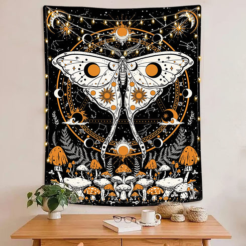 Rexful Mushroom Tapestry, Moth Tapestry Wall Hanging Sun and Moon Tapestries for Bedroom, Stars Constellation Aesthetic Art Tapestry for Living Room (60''×80'')