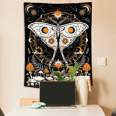 Rexful Mushroom Tapestry, Moth Tapestry Wall Hanging Sun and Moon Tapestries for Bedroom, Stars Constellation Aesthetic Art Tapestry for Living Room (60''×80'')