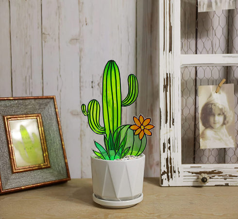 Suncatcher Stained Glass Style Cactus Plants Agave, Barrel, and Saguaro Cactus Ornamental Houseplant Decorations Handmade Succulent Plant Ornaments for Windowsill Balcony Kitchen Patio (Style 1)