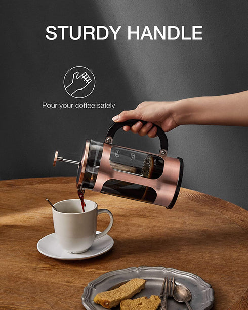 BAYKA French Press Coffee Maker, Glass Classic Copper 304 Stainless Steel Coffee Press, Cold Brew Heat Resistant Thickened Borosilicate Coffee Pot for Camping Travel Gifts, 34 Ounce