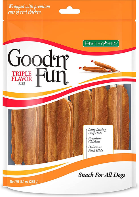 Good'n'Fun Triple Flavored Rawhide Ribs For Dogs, 8.4 Oz