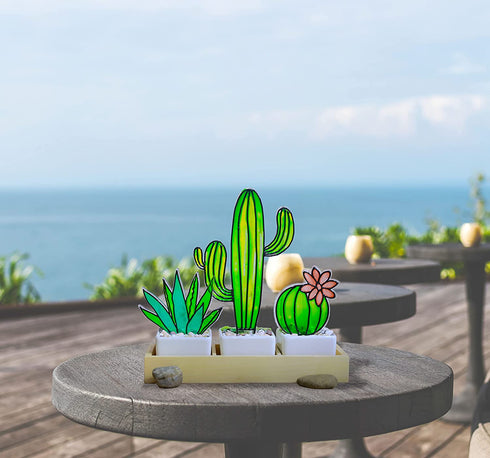Suncatcher Stained Glass Style Cactus Plants Agave, Barrel, and Saguaro Cactus Ornamental Houseplant Decorations Handmade Succulent Plant Ornaments for Windowsill Balcony Kitchen Patio (Style 1)
