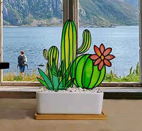 Suncatcher Stained Glass Style Cactus Plants Agave, Barrel, and Saguaro Cactus Ornamental Houseplant Decorations Handmade Succulent Plant Ornaments for Windowsill Balcony Kitchen Patio (Style 1)
