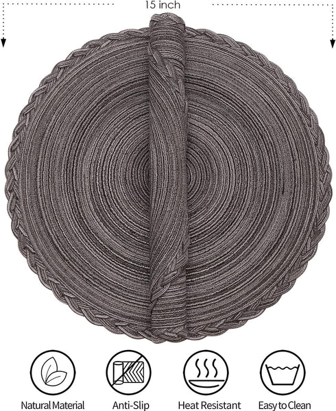 Smaafit Round Braided Placemats Set of 6 for Dining Tables 15 Inch Non-Slip Kitchen Table Mats (Grey B)