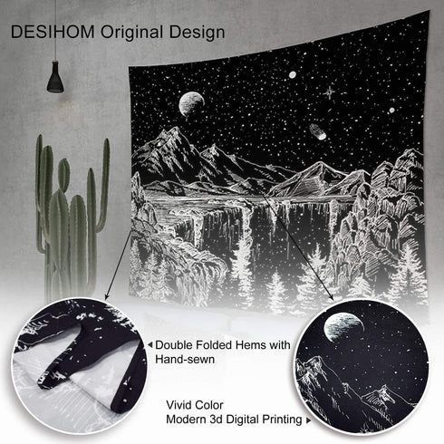 DESIHOM Starry Night Tapestry Mountain Tapestry Moon and Stars Tapestry Black and White Wall Tapestry for Bedroom Living Room Dorm Decor 70.9x92.5 Inch