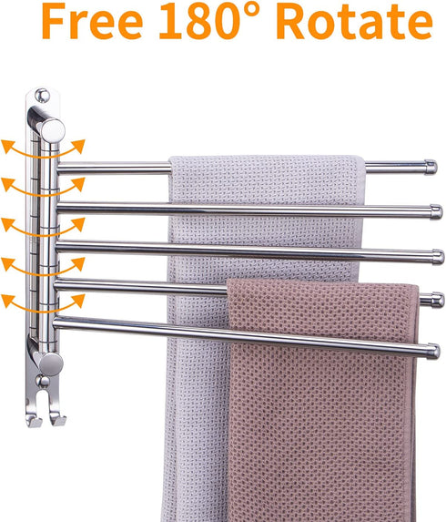 Towel Rack, Towel Bar with 5-Arm Bathroom Towel Shelf Swivel Wall-Mounted Towel Bar Holds for Bathroom, Pool, Kitchen (5 Arms Type)