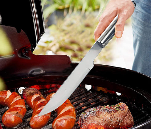 NewlineNY Stainless Steel BBQ Grill Tool Kit 5 PCS Set : Tong, Meat Fork, Basting Brush, Spatula, Knife + Carrying Bag for Picnic Camping Barbeque Cooking Grilling