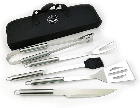 NewlineNY Stainless Steel BBQ Grill Tool Kit 5 PCS Set : Tong, Meat Fork, Basting Brush, Spatula, Knife + Carrying Bag for Picnic Camping Barbeque Cooking Grilling