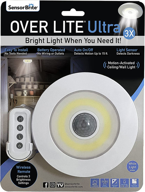 Sensor Brite Overlite Ultra: Remote Control Ceiling/Wall LED Light with Adjustable Brightness, Motion Activated, Stick Anywhere, Battery-Operated Overhead LED Light