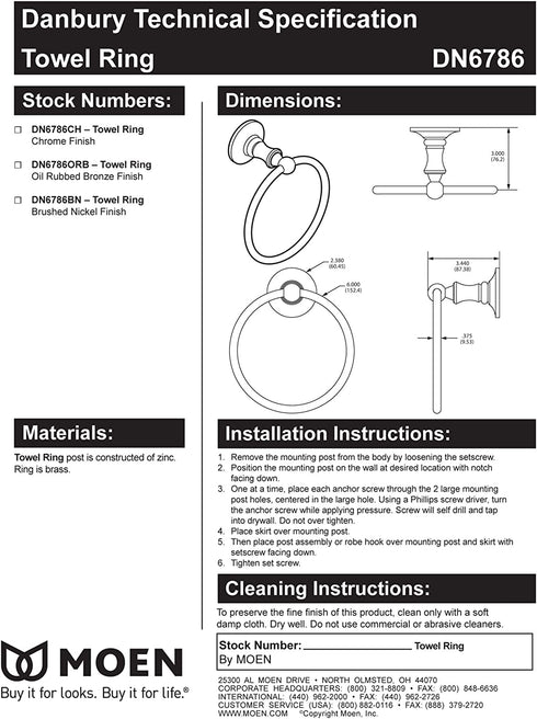 Moen DN6786ORB Danbury Collection European Single Post Bathroom Hand Towel Ring, Oil-Rubbed Bronze
