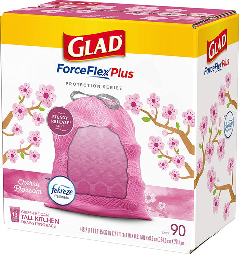 GLAD Protection Series ForceFlex Plus Drawstring Cherry Blossom Odor Shield, Pink, 13 Gallon, 90 Count