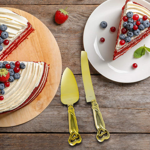 Gold Double Heart Wedding Cake Serving Set - Gold Wedding Cake Knife Set