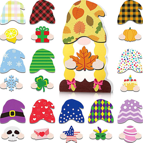 DIY Wooden Interchangeable Gnome Sign with 24 Pieces Detachable Wood Patches Seasonal Craft Chunky Gnome Interchangeable Cutouts Decoration for Fall Thanksgiving Home Table Shelf Holiday Decoration