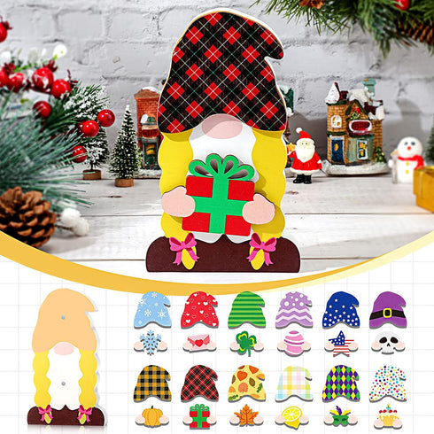 DIY Wooden Interchangeable Gnome Sign with 24 Pieces Detachable Wood Patches Seasonal Craft Chunky Gnome Interchangeable Cutouts Decoration for Fall Thanksgiving Home Table Shelf Holiday Decoration