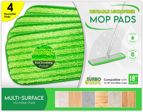 Microfiber Mop Pads 4 Pack - Reusable Washable Cloth Mop Head Replacements Best Thick Spray Wet Dust Dry Flat Velcro Attachment 18" Inch - Cleaning Refill Fits Bona, Bruce, Rubbermaid, Libman + More