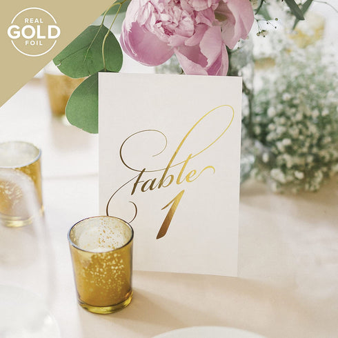 Bliss Collections Table Numbers, Gold Foil, Double-Sided Cards Plus Head Table Card for Your Wedding, Reception, Anniversary, Birthday Party or Celebration, 4"x6" (1-40 Plus Head Table Card)