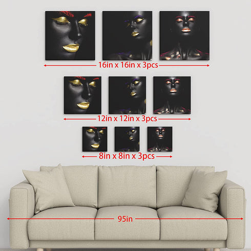 bocassis 3 Sets American Print Wall Art Décor Black Gold Painted Woman Golden Lips Picture Canvas Wall Mural Bedroom or Room for Home Decor Framed Ready to Hang (A, 12X12Inchx3Pcs)