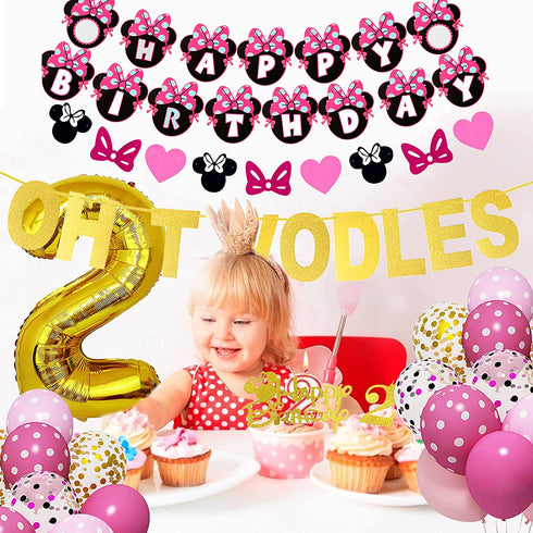Amandir Cartoon Mouse 2nd Birthday Party Supplies, Oh Twodles Happy Birthday Banner Number 2 Pink Balloons Cartoon Mouse Cake Topper for 2nd Minie Mouse Birthday Party Favors Decorations for Girls