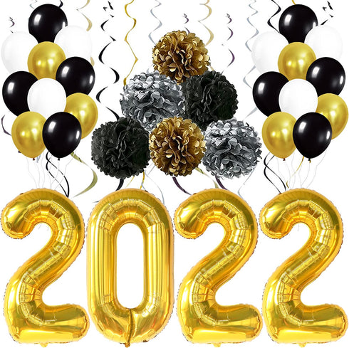 Gold 2022 Balloons Numbers Set - 40 Inch, Pompoms and Hanging Swirls | Black and Gold Graduation Decorations 2022 | Graduation Party Decorations 2022 | Class of 2022 Decorations, Graduation Balloons