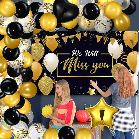 79 Pieces We Will Miss You Party Decorations Black Gold Going Away Party Supplies Balloon and Backdrop Banner Farewell Party Decorations Kit for Retirement Party Office Home Decoration Party Supplies