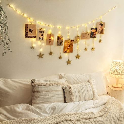 Mkono Hanging Photo Display with String Lights Gold Stars Garland Picture Frame Collage with 25 Wood Clips Wall Art Decoration for Home Office Nursery Bedroom Dorm Card Display