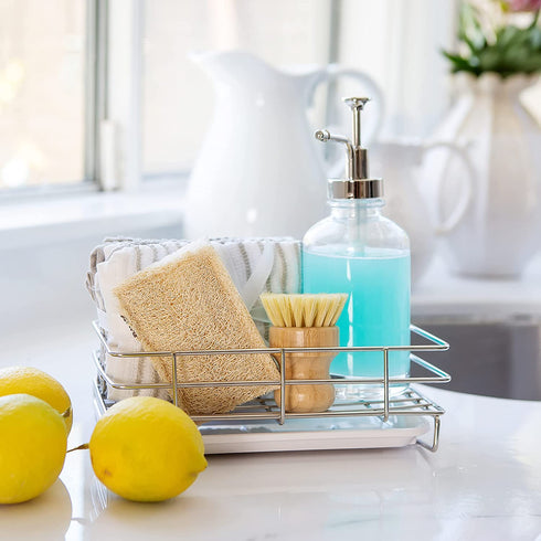 HandyHomeConcepts Sponge Holder For Sink Large Sink Caddy Kitchen Soap Tray Dish Soap Caddy Kitchen Bathroom Sink Organizer Brush Holder - 9x5x3" (not incl. Soaps, Brush, Sponge, Towel)