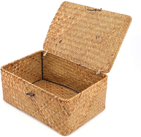 Yesland Handwoven Seagrass Rattan Storage Basket - 11.5'' x 7.5'' x 5'' - Brown Rectangular Makeup Organizer / Container with Lid, Perfect for Decoration, Picnic, Groceries and Toy Storage