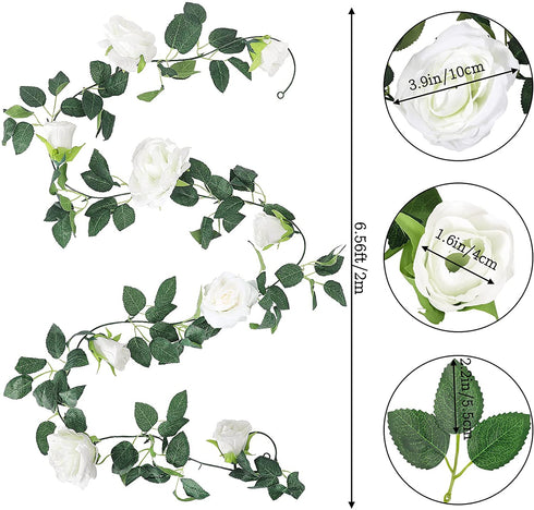 CEWOR 4pcs 26.2ft Artificial Rose Garlands Fake Silk White Rose Flowers Hanging Vines for Wedding Party Home Wall Garden Hotel Outdoor Decor