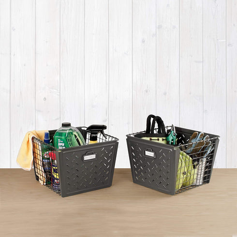 Spectrum Diversified Macklin, Stamped Steel & Wire Basket for Closet & Cubby Storage Vintage-Inspired Design with Customizable Label Plate, Large, Gray