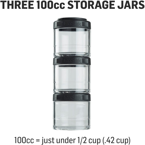 BlenderBottle GoStak Food Storage Containers for Protein Powder, Healthy Snacks, and Portion Control, 100cc 3-Pak, Black