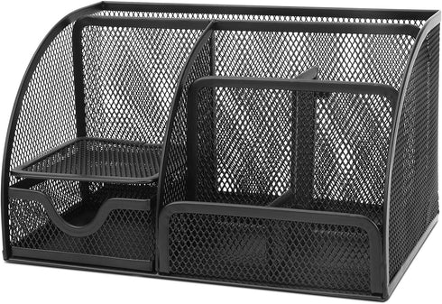 Flexzion Desk Organizer Office Supplies Accessories Desktop Tabletop Sorter Shelf Pencil Holder Caddy Set - Metal Mesh with Drawer and 6 Compartments (Black)