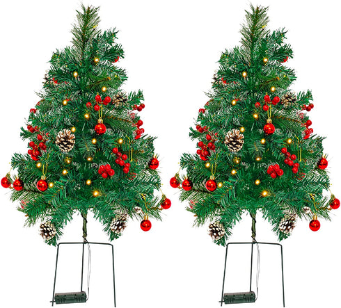 OBABA 2 Pack 30 Inch Outdoor Pathway Christmas Trees Battery Operated Pre-Lit Artificial Tree Decoration with 60 LED Lights,Holiday Décor for Porch,Driveway,Red Berries,Pine Cones,Red Ball Ornaments