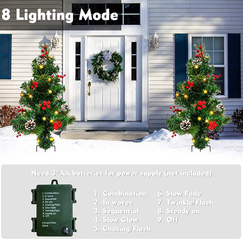 OBABA 2 Pack 30 Inch Outdoor Pathway Christmas Trees Battery Operated Pre-Lit Artificial Tree Decoration with 60 LED Lights,Holiday Décor for Porch,Driveway,Red Berries,Pine Cones,Red Ball Ornaments