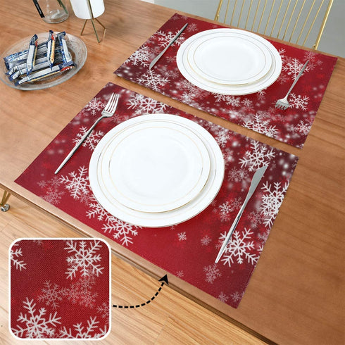One Bear Christmas Placemats Winter Snowflake Red Placemat Table Mats Non Slip Heat Resistant Placemats for Dining Table Kitchen Holiday Party Set of 6