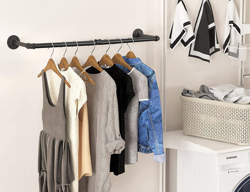 OROPY Industrial Pipe Clothes Rack 38.4", Heavy Duty Detachable Wall Mounted Black Iron Garment Bar, Multi-purpose Hanging Rod for Closet Storage, Black (Two Base)