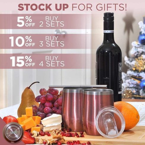 Carpe 12 oz Stemless Insulated Wine Glass Tumbler with Sliding Lid and Straw, Spill Proof Stainless Steel Double-Wall Wine Tumbler Cups for Champaign, Cocktail, Coffee, Drinks, Set of 2 (Rose Gold)