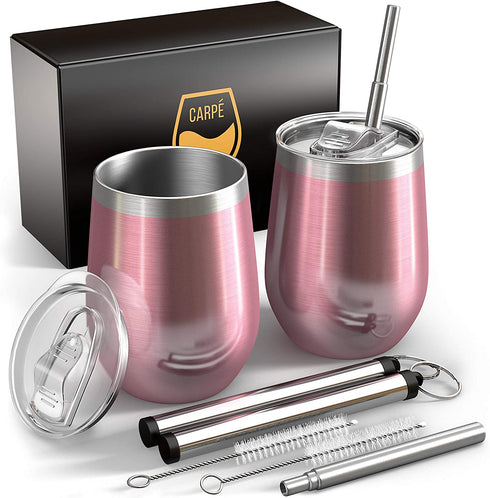Carpe 12 oz Stemless Insulated Wine Glass Tumbler with Sliding Lid and Straw, Spill Proof Stainless Steel Double-Wall Wine Tumbler Cups for Champaign, Cocktail, Coffee, Drinks, Set of 2 (Rose Gold)